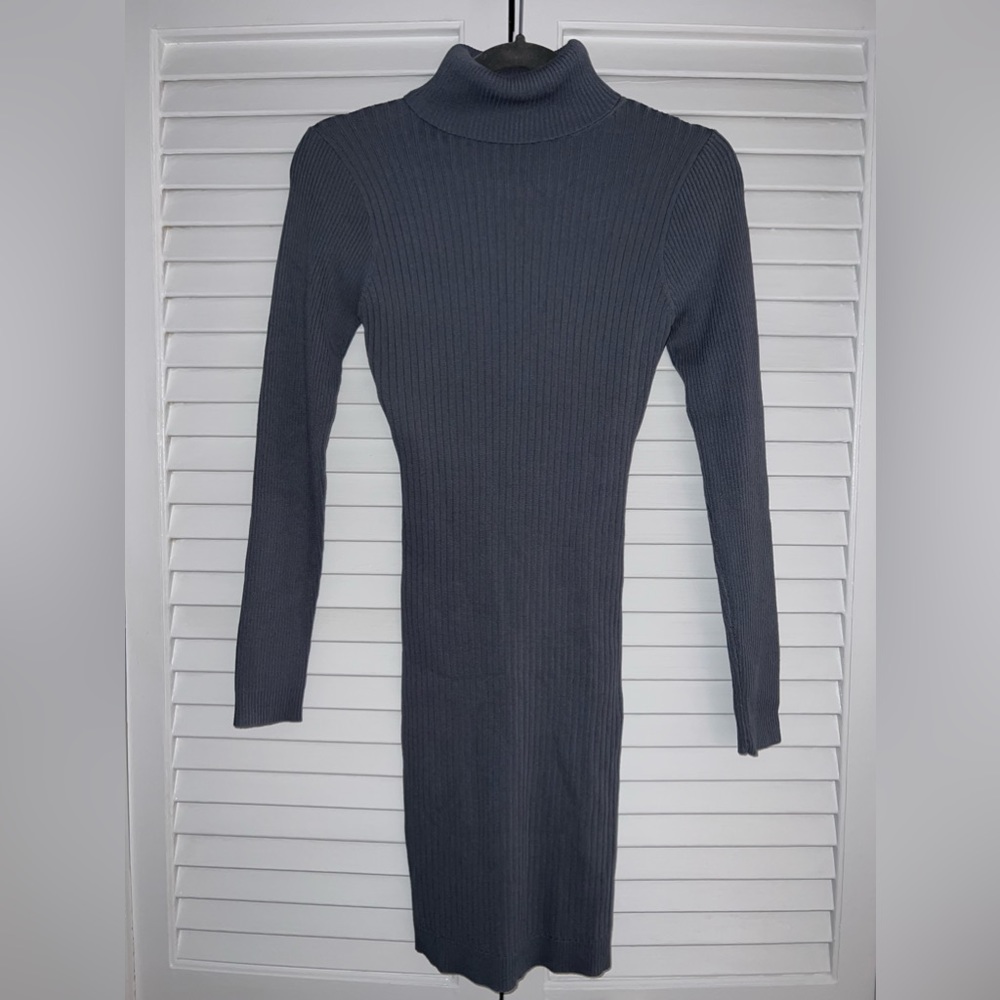 Fashion Nova dusty blue ribbed turtleneck sweater dress